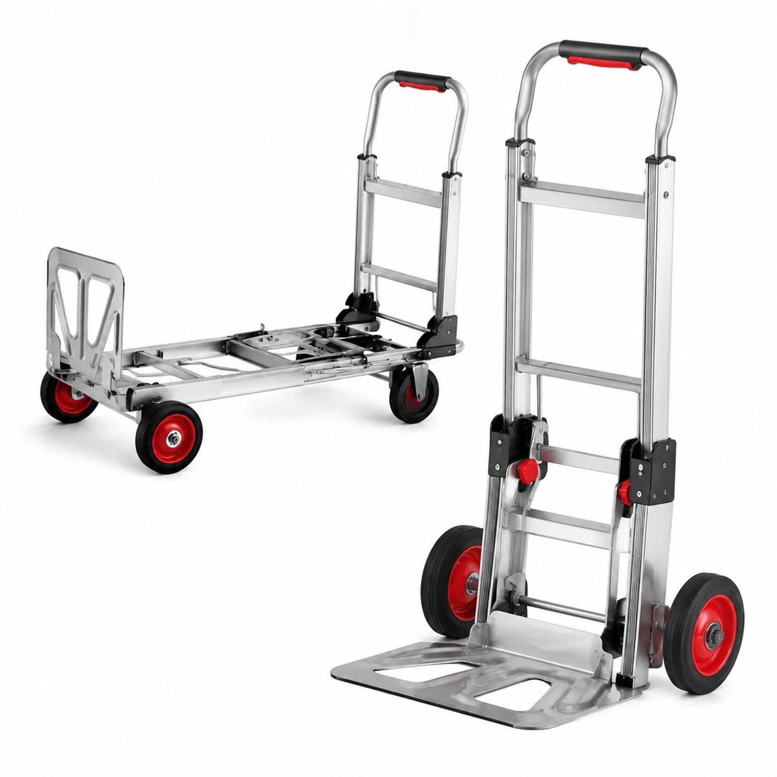 Składany wózek transportowy 2 w 1 z aluminium i stali węglowej, wózek ręczny i platformowy, udźwig 113/181 kg, gumowe koła, do użytku wewnątrz i na zewnątrz