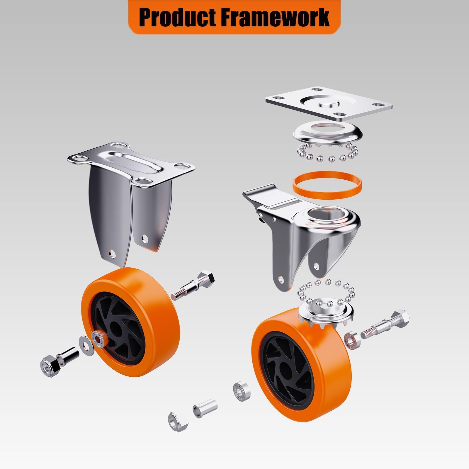5 Inch Heavy Duty Caster Wheels Set Of 4  2 Swivel & 2 Fixed , 3000 LBS Capacity Premium Rubber Casters Silent Rolling Workbench Cart Trolley Dolly Industria - View #3