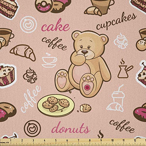 Image of Ambesonne Dessert Fabric by The Yard, Teddy Bear Cupcakes Cookies Donuts Cakes Playroom Cartoon Print, Microfiber Fabric for Arts and Crafts Textiles & Decor, 1 Yard, Brown Coral