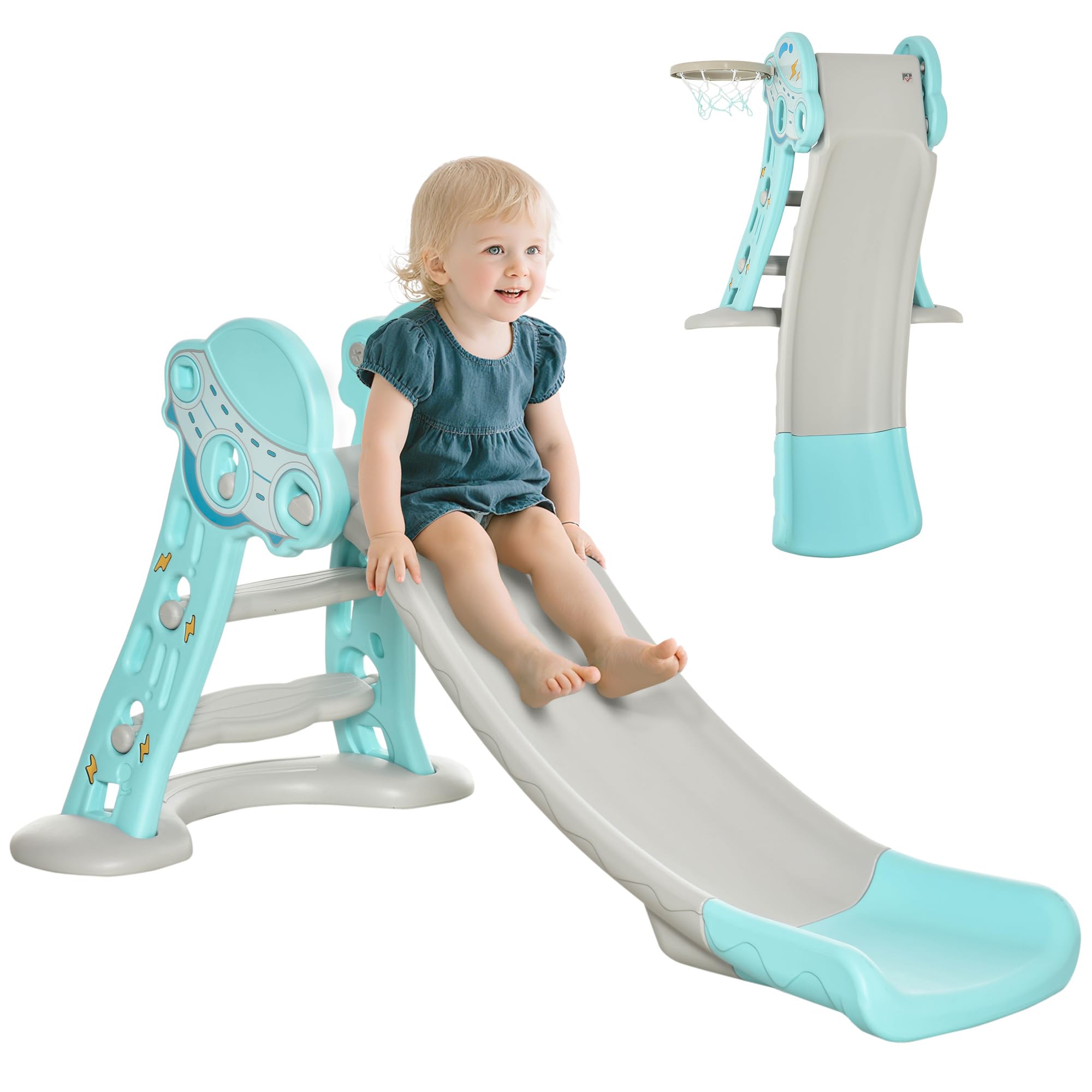 HOMCOM Tobogán para Niños +18 Meses Plegable 2 en 1 con Canasta de Baloncesto Modelo Jirafa Juguete Infantil para Interiores y Exteriores 140x87x75 cm Azul y Gris