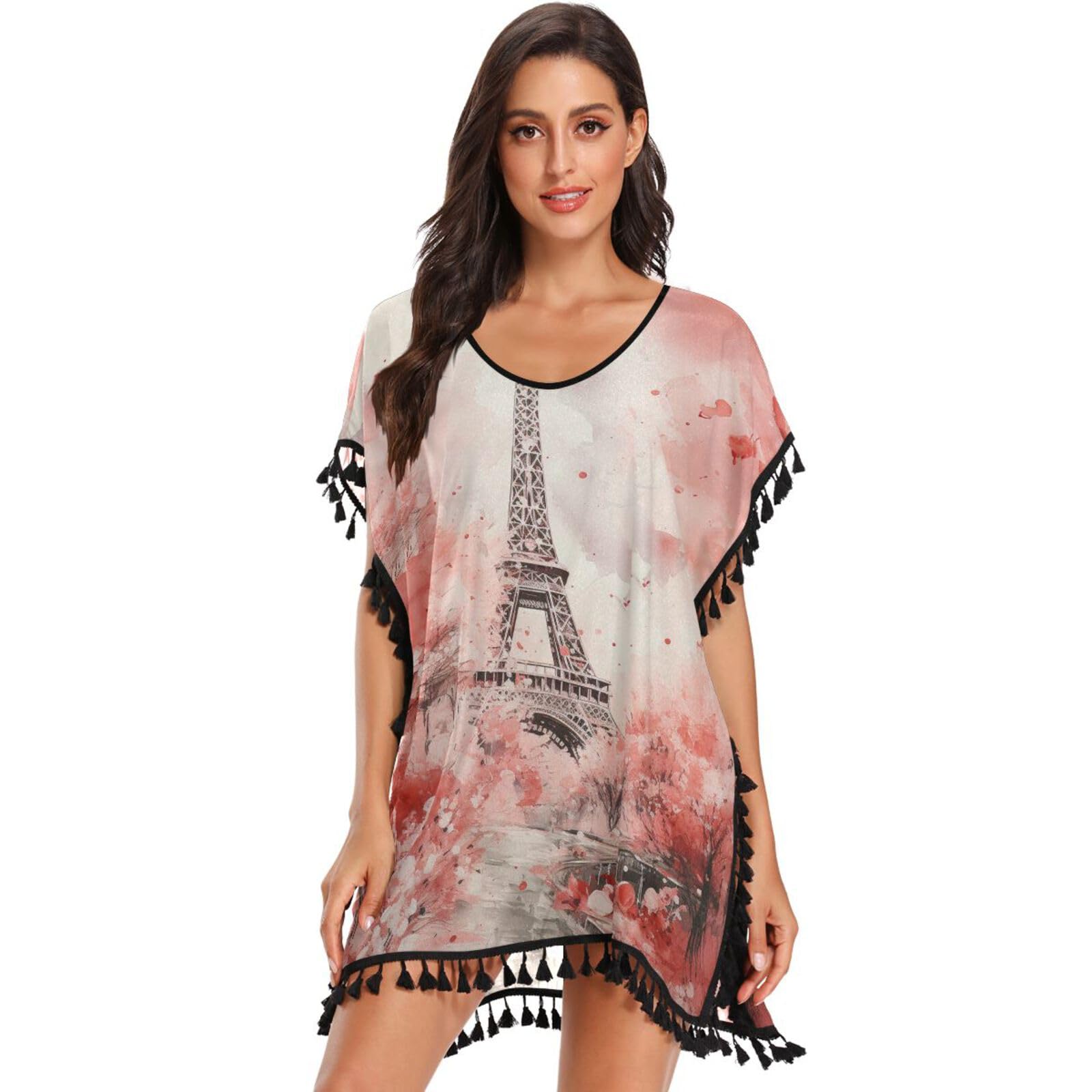 Pink Floral Tower Art Women's Beach Cover Up Chiffon Tassel Swimwear Swimsuit Coverups for Girl