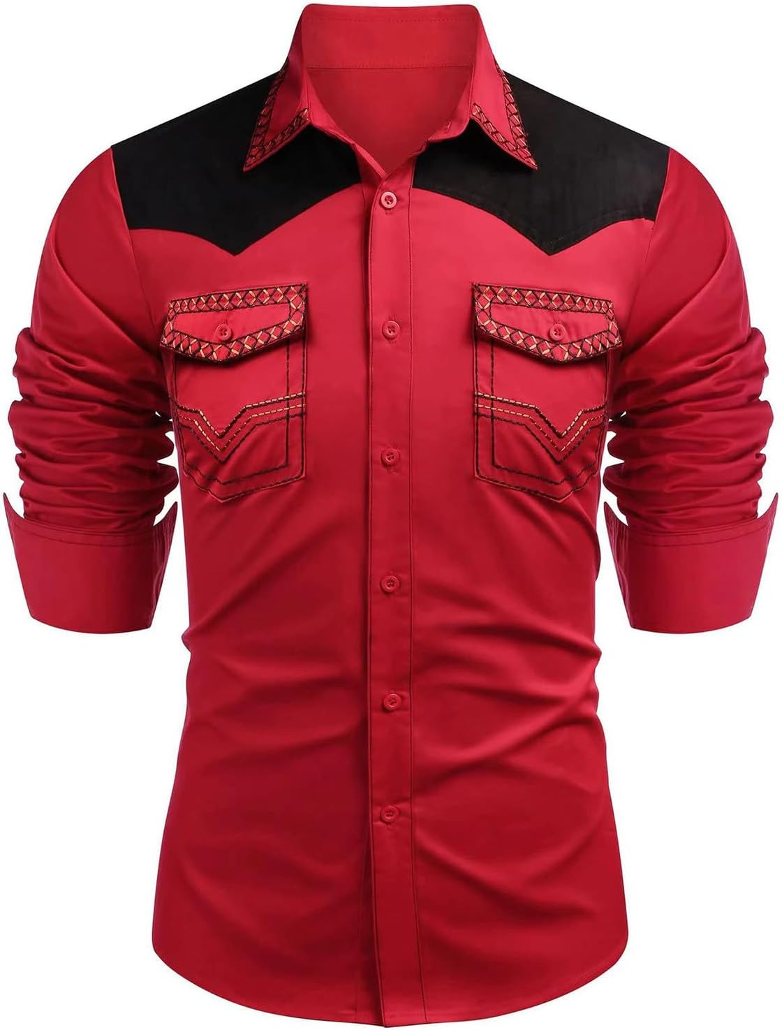 Men's Western Cowboy Shirt Embroidered Long Sleeve Slim Fit Casual Cotton Button Down Hippie Shirts with Pocket