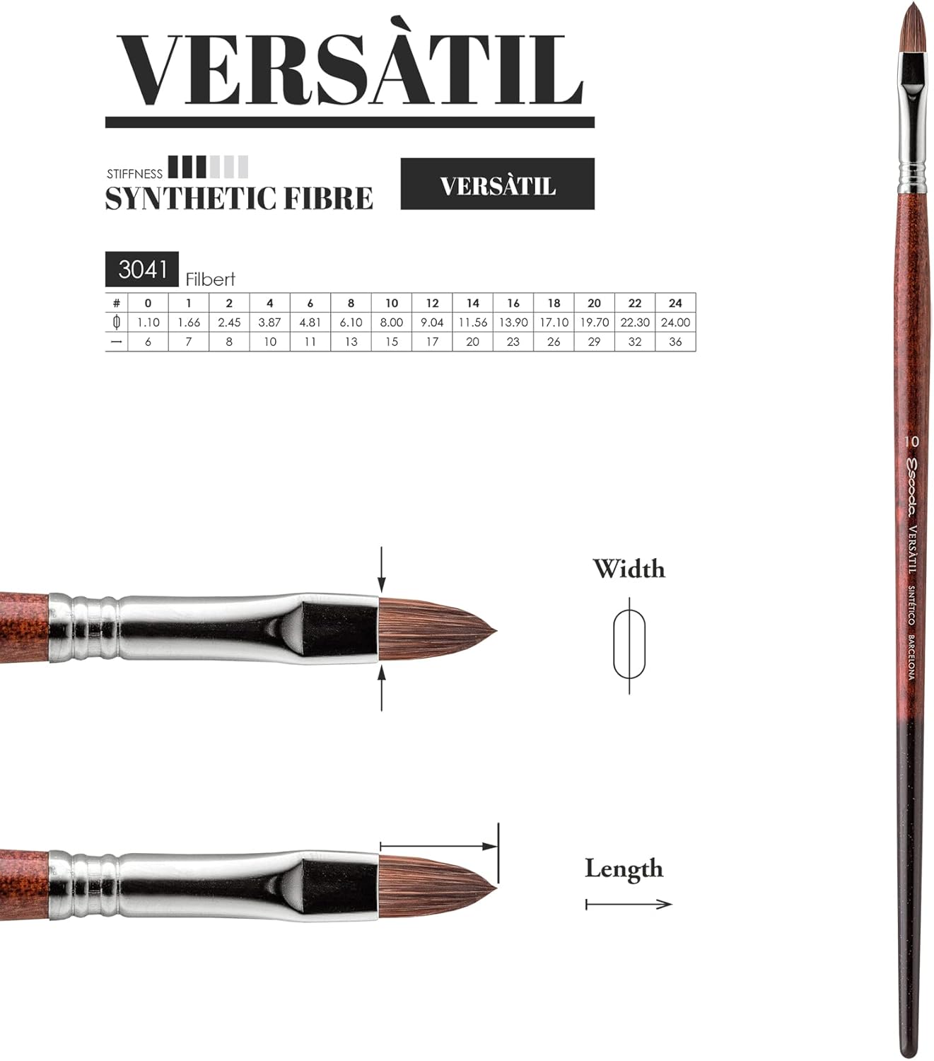 Escoda Versatil 3041 Series Artist Oil and Acrylic Paint Brush, Synthetic Kolinsky, Long Handle, Filbert, Size 20