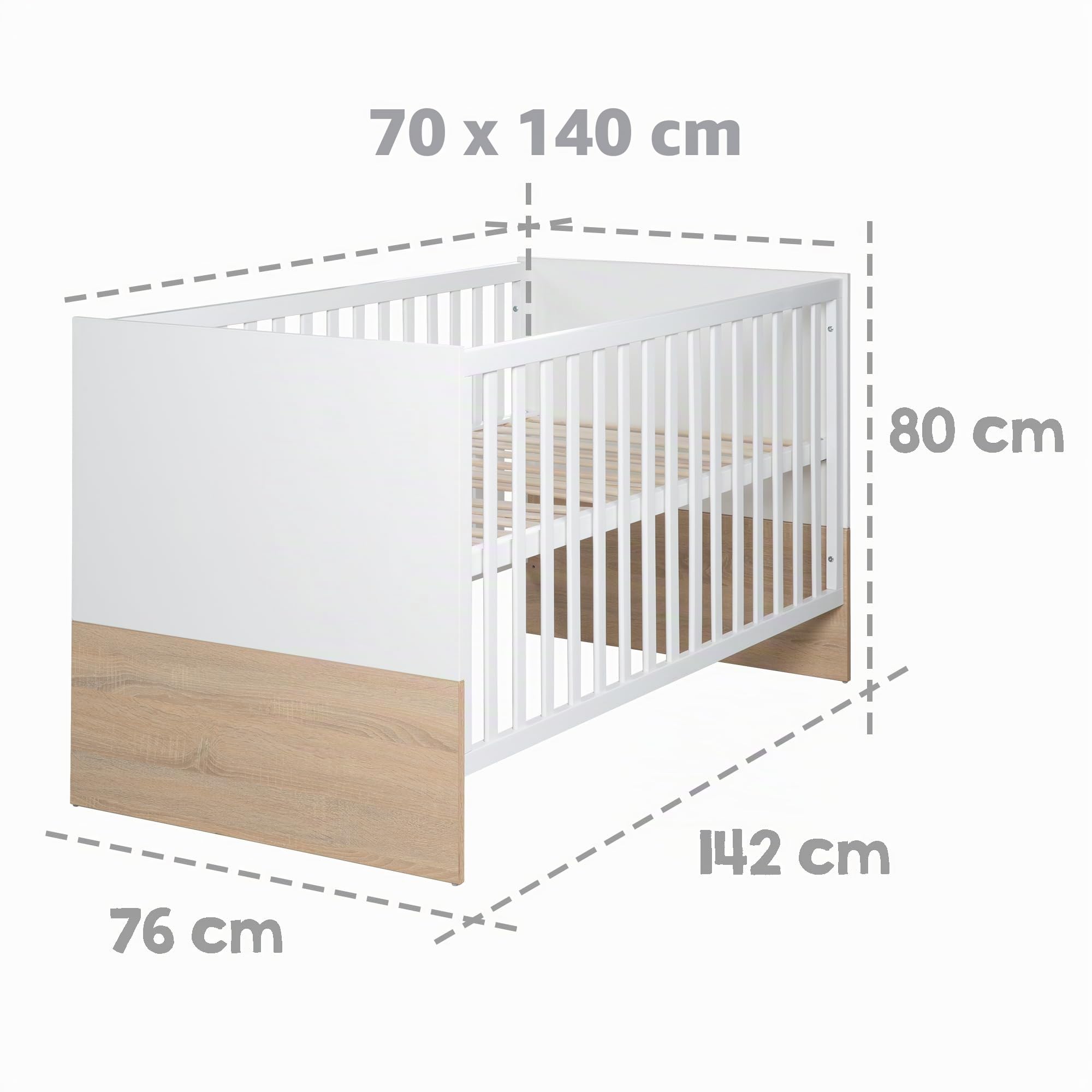 Cuna para niños "Gabriella" de roba, 70 x 140 cm, blanca y natural, ajustable, con 3 barrotes extraíbles, convertible