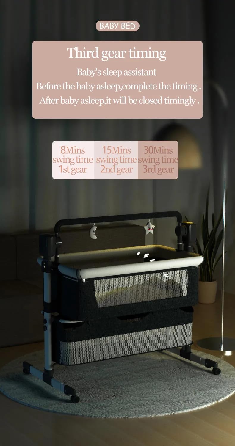 Cuna Colecho Bebe Eléctrica Smart con Bluetooth, Música, Cuna Colecho Plegable y Convertible, Cama Ajustable para Recién Nacidos con Remoto, Cesta de Almacenamiento y Ruedas (Gris Medio)