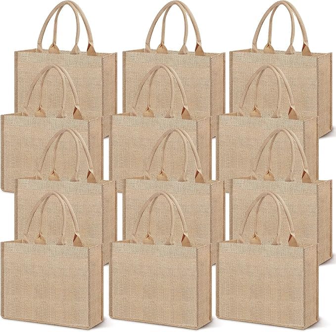 MSYU Lot de 12 grands sacs fourre-tout réutilisables en toile de jute avec poignées - Sacs cadeaux de cuisine réutilisables pour femme, mariage, loisirs créatifs, 40 x 32 x 15 cm, marron, One size