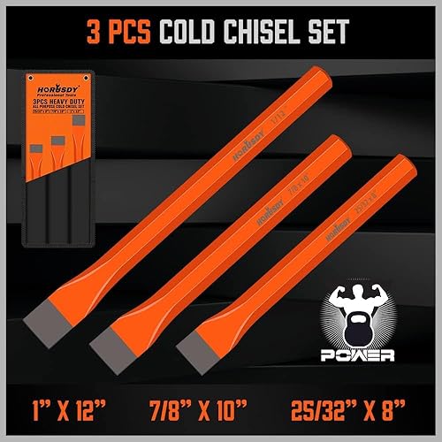 Miniatura 3 de HORUSDY Juego de cinceles fríos resistentes de 3 piezas, largo de 8 pulgadas, 10 pulgadas, 12 pulgadas, con bolsa de rollo, 1 pulgada, 78 pulgadas,