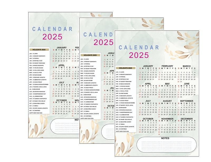 Annual Calendar 2025 Poster and Planner for Home and Office (12 x 18-inch) (Pack of 3 Floral)