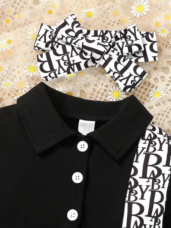 Image of Niren Enterprise Black ABCD Printed Knee Length Short Sleeves Shirt Collar Stylish Girls Party Dress