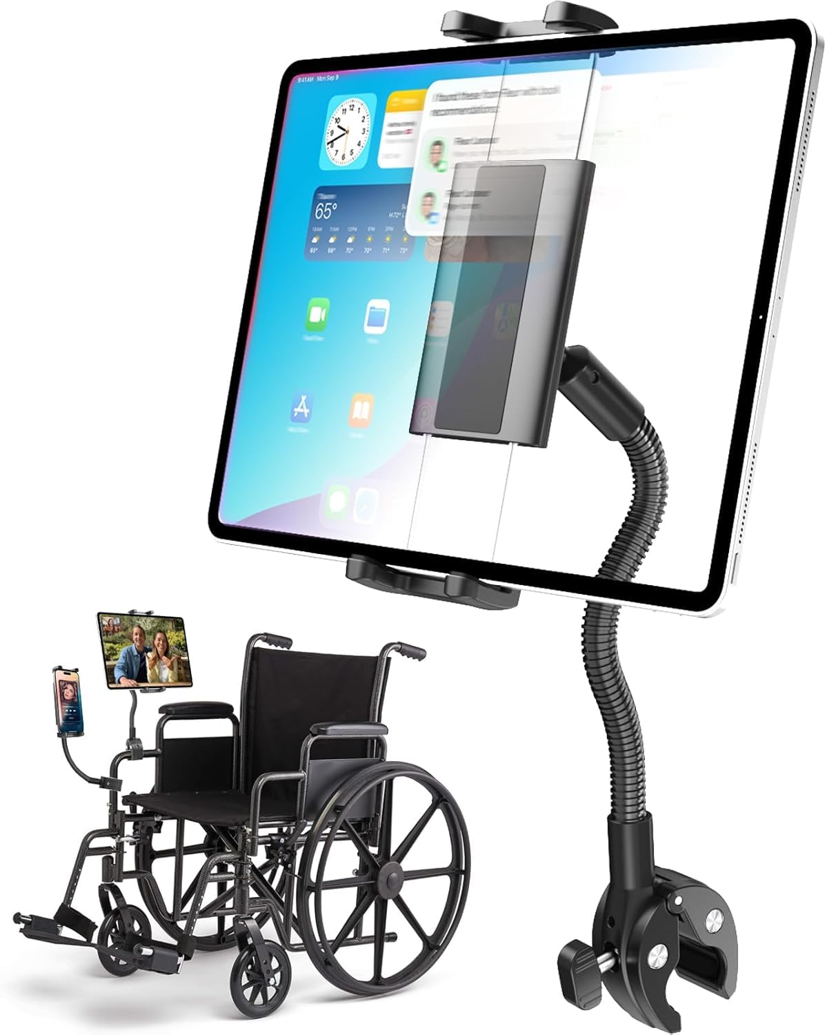 Supporto portatile per tablet per sedia a rotelle [versione Pro] con braccio in alluminio da 24 cm, regolabile a 360°, per iPad Pro/Air, iPhone 15/14, Galaxy Z Fold 5, E-Reader