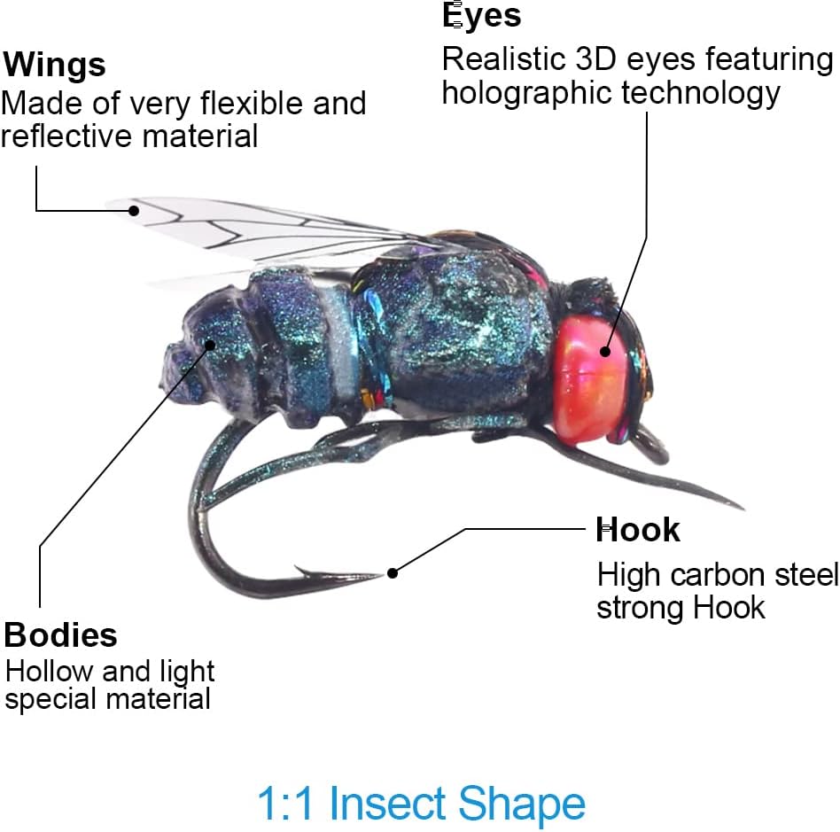 YZD Realistic Fly Fishing Dry Wet Nymph Trout Flies Topwater Lures for Freshwater Saltwater High Simulation Hand Tie Lure Kits 6 pcs
