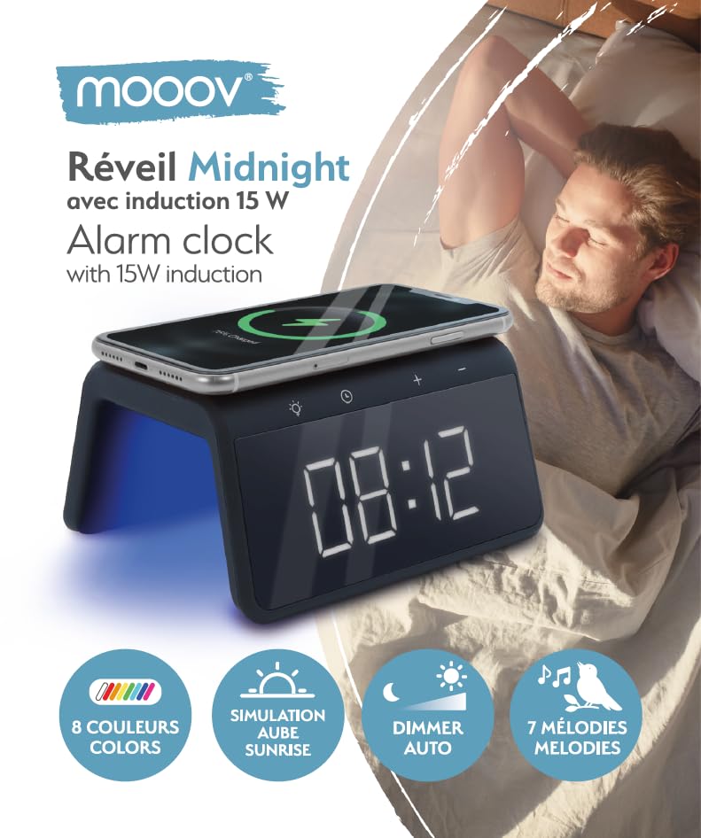 mooov 477358 – Sveglia Midnight con caricatore a induzione da 15 W per telefono (ricarica senza… — immagine 8 di 9