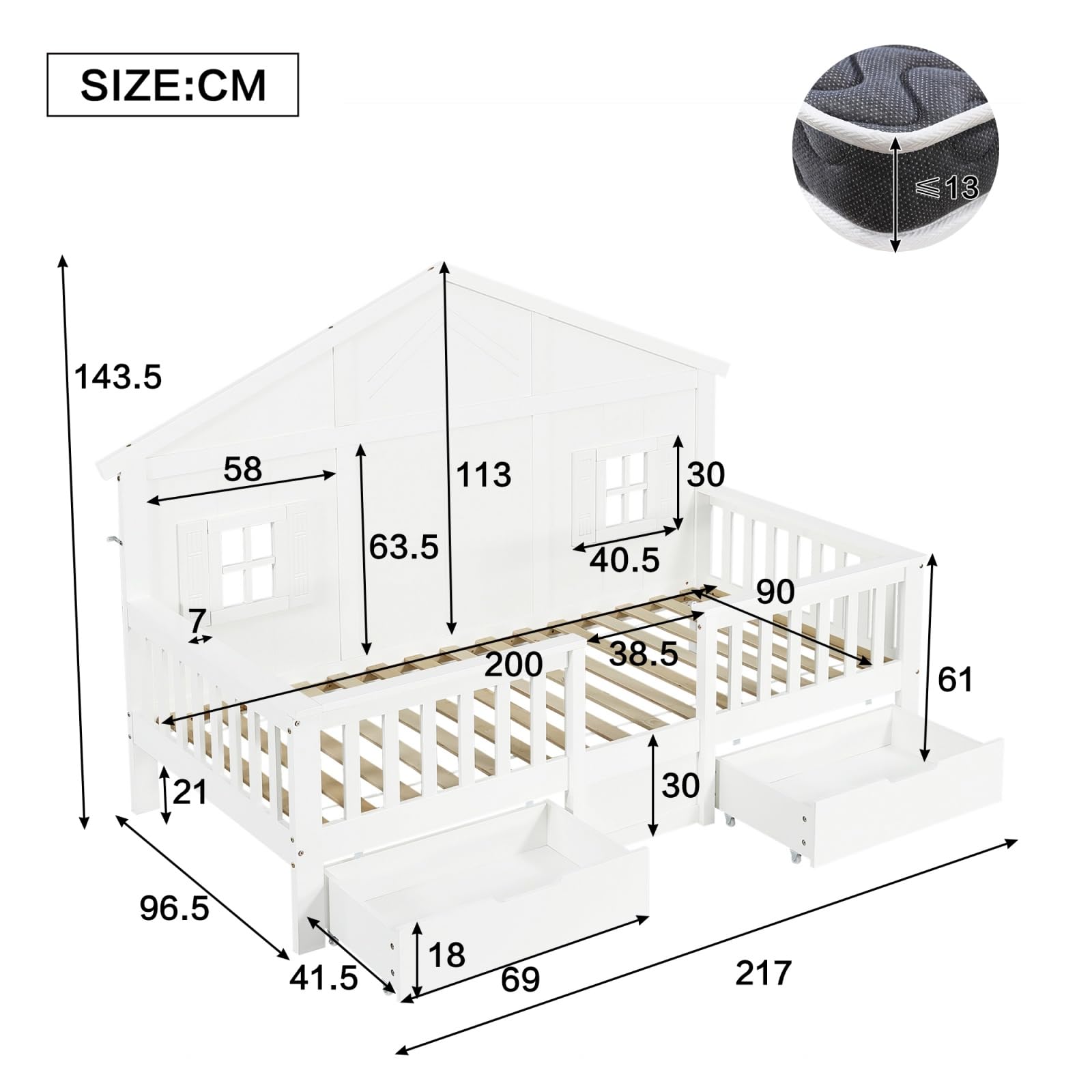 Sweiko Lit pour Enfant de 90 x 200 cm, Cadre de lit en Bois Massif avec barrières de sécurité, tiroirs à roulettes et décor en Forme de Maison, sans Matelas
