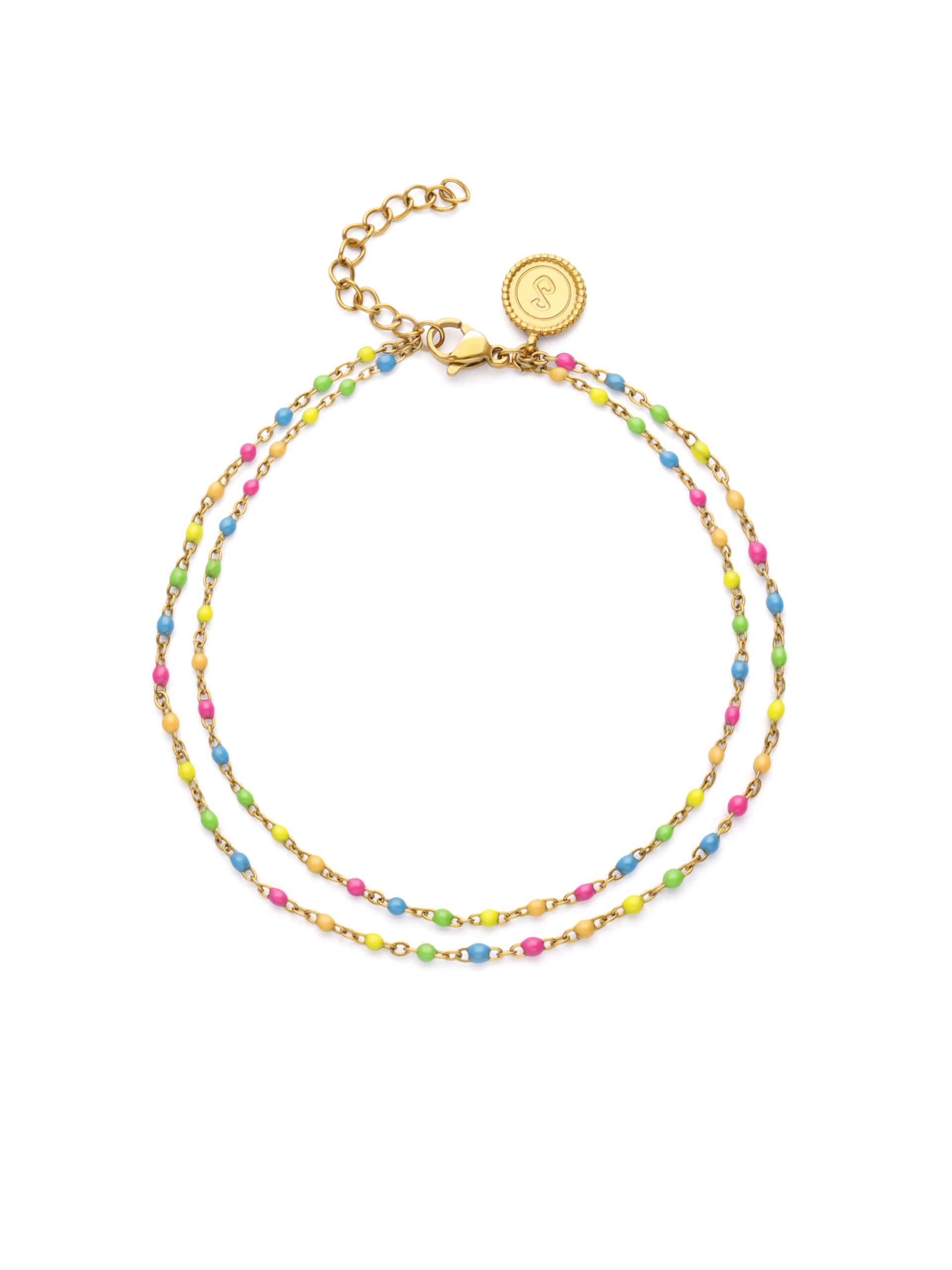 SINGULARU - Tobillera Doble Dots Neon Enamel. Acero con Baño en Oro de 18 Kt y Enamel. Joyas Para Mujer.