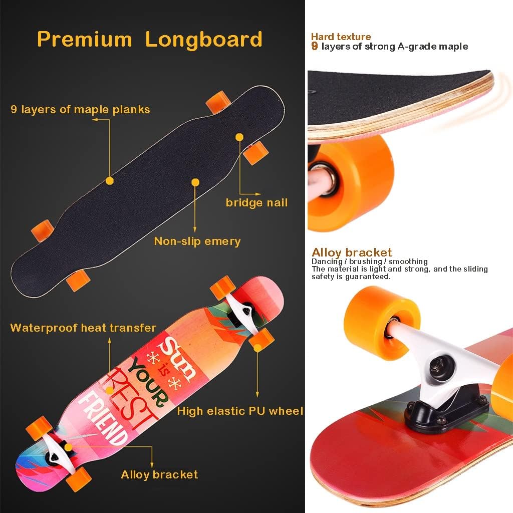 Longborads Skateboards Drop Through Complete Skateboard, 41 Inches Long Boards Skateboard for Girls/Boys, 9 Layer Maple Deck Skate Board Cruiser for Kids Adults Beginners (Color : A)