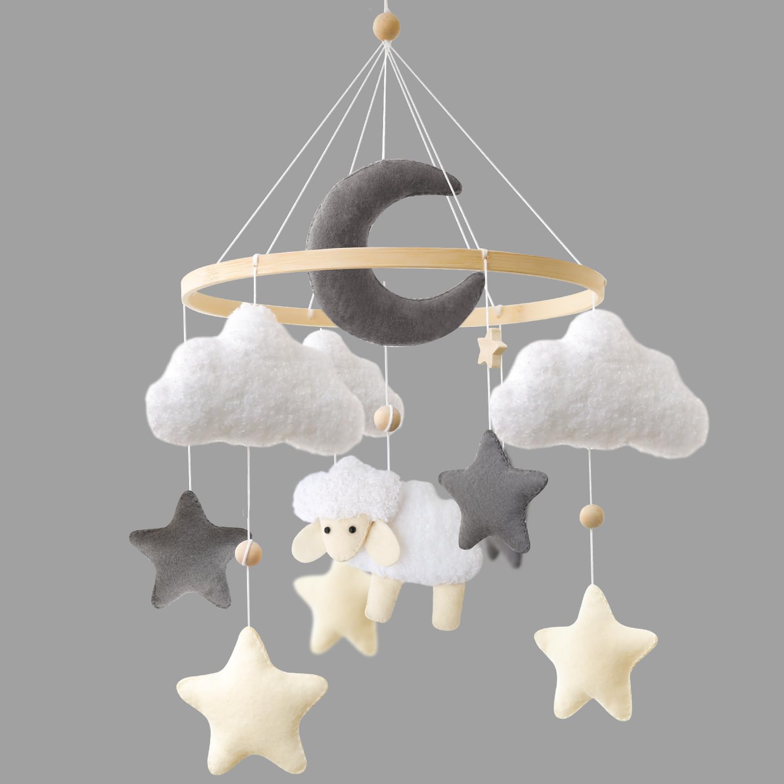 Schaf Mobile Baby Hölz Babybett Süßes Lämmchen Mobile Baby Windspiel mit Filzbällen Wolke und Stern Bettglocke Babyzimmer Neugeborene Geschenk Für Baby