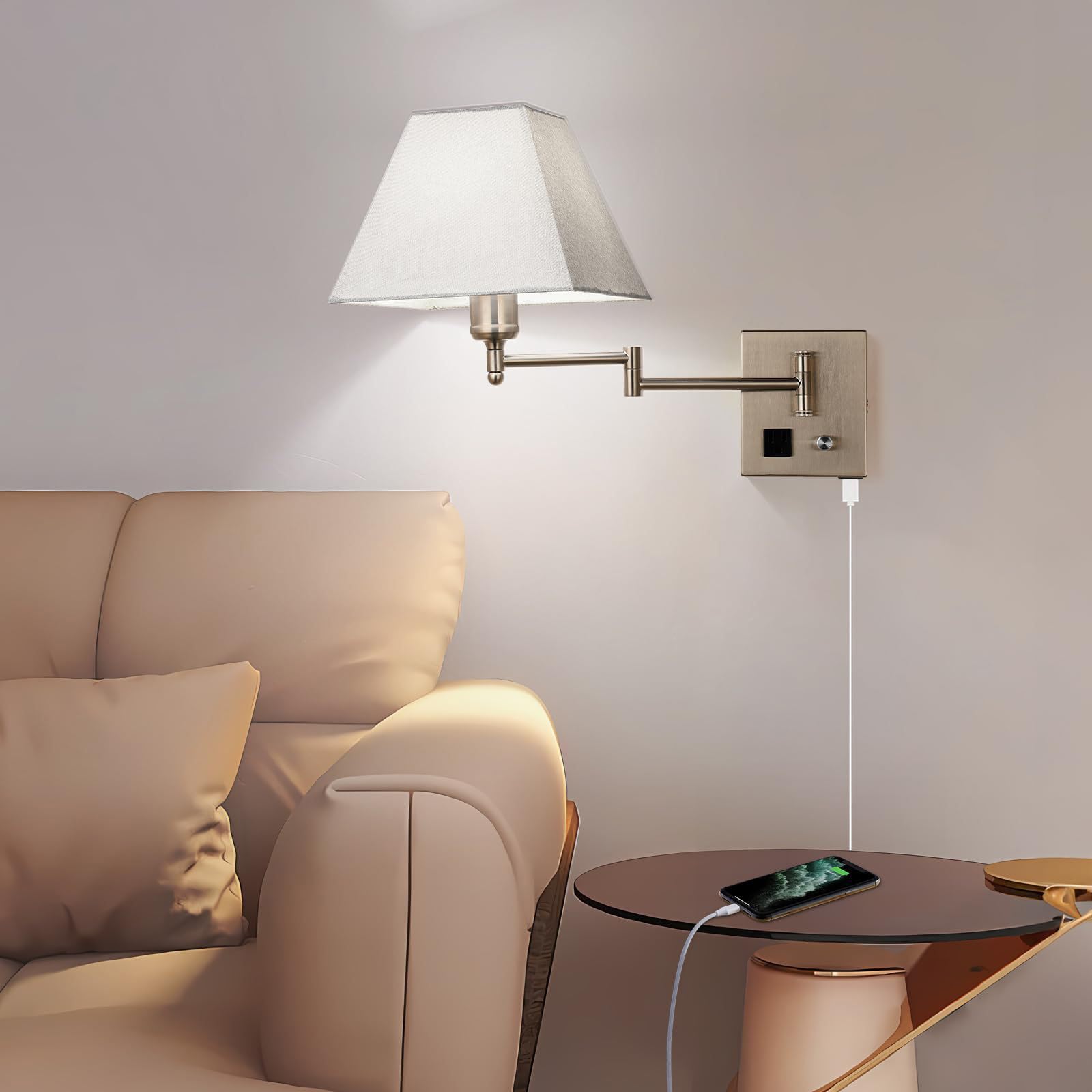 Bedside Wandleuchte 270° Drehbare Verstellbar Schwenkarm Wandlicht Lampen mit Stecker Kabel Wandlampe mit Schalter Wandbeleuchtung E27 Leselampe Moderne für Hotel Schlafzimmer (Silber,1 Stück)