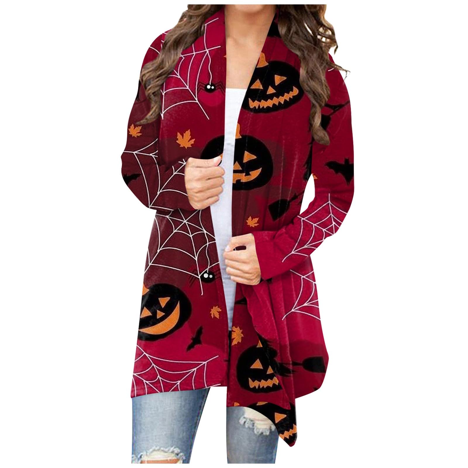 Halloween Costumes for Women Cute Pumpkin Print Open Front Lightweight Cardigan Casual Long Sleeve Plus Size Coat Top