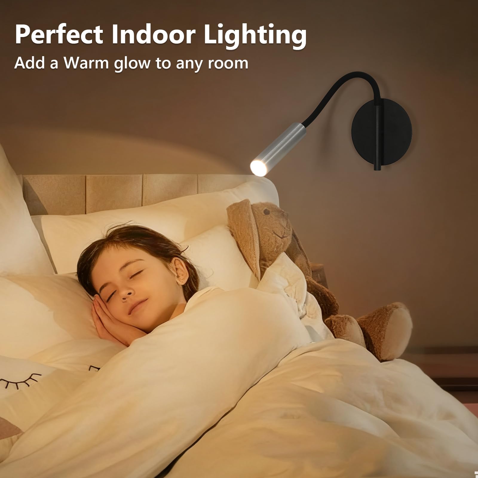 Applique da parete Interno, Lampada da Lettura da Parete 4W, Lampada da Comodino LED Bianca Calda, 360° Orientabile Faretti da Parete Alluminio (Silver-4500)