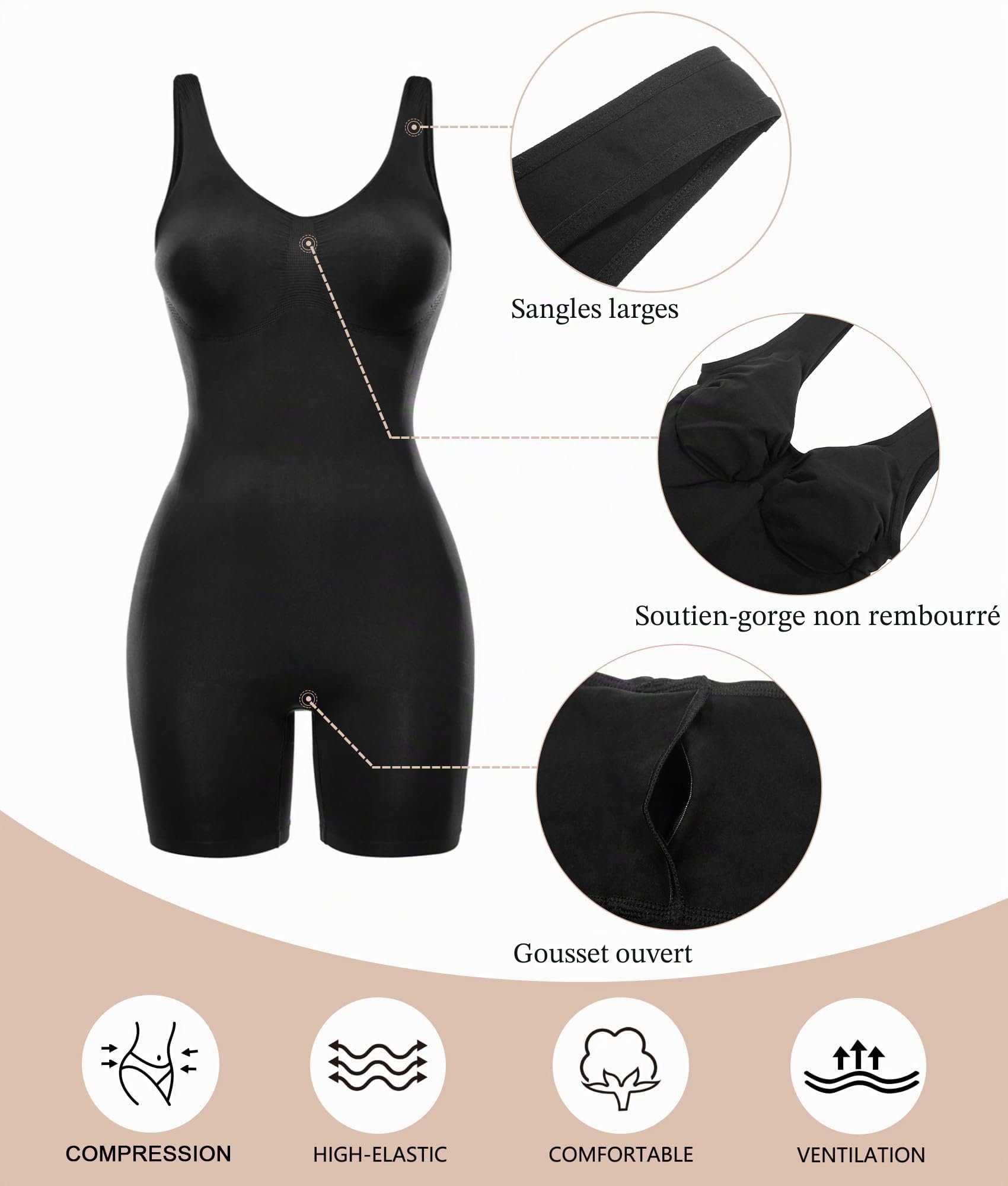 SHAPERX Gaine Ventre Plat Body Sculptant Femme Invisible Combinaison Gainante Shapewear Bodysuit Amincissant Body Short