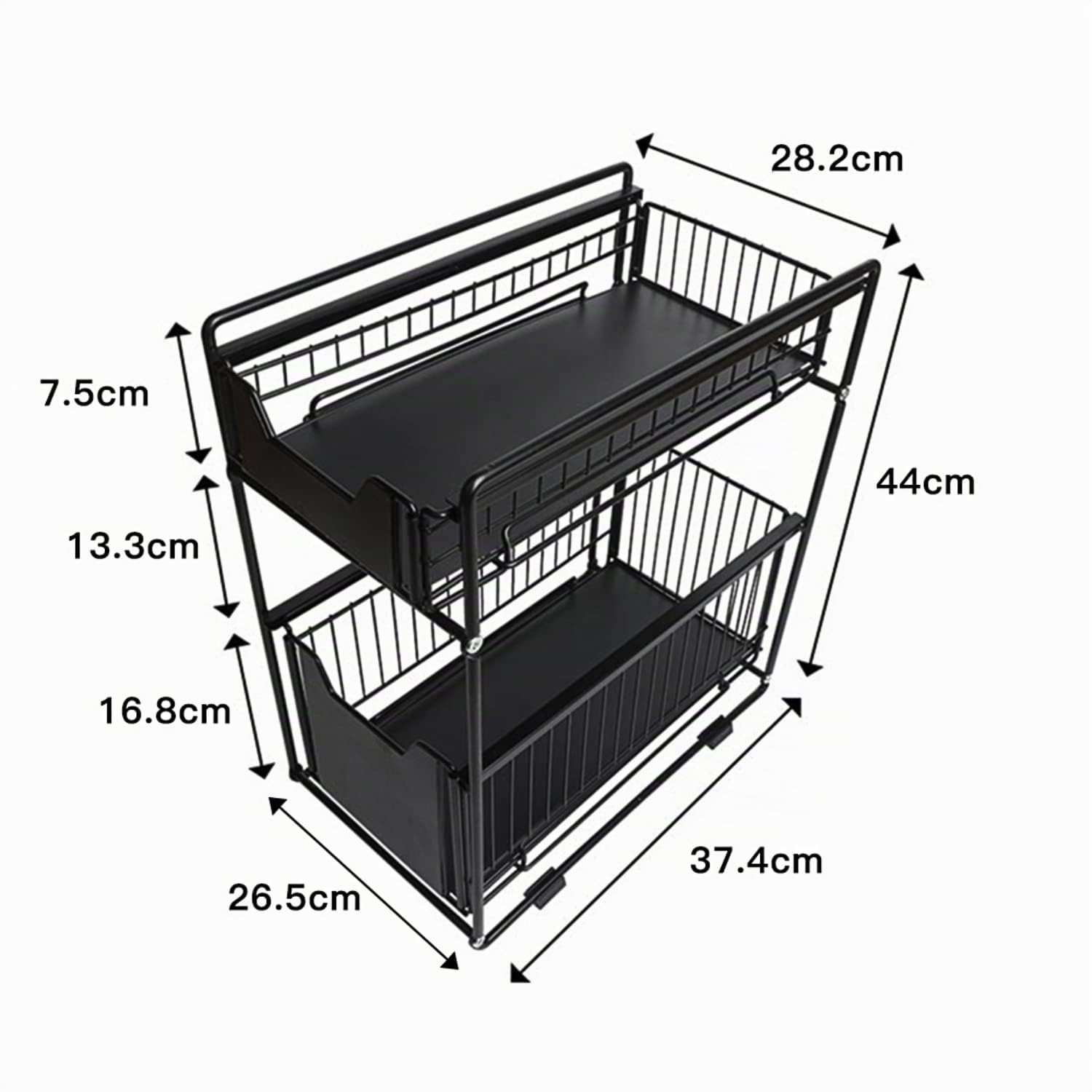 MINGYI Rangement Sous Évier à 2 Niveaux, Panier de Rangement Coulissant, Étagères à Épices Coulissante, Étagère Rangement pour Cuisine, Bureau, Salle de bain, 37,4×26,5×44 cm (Noir-2 pcs)