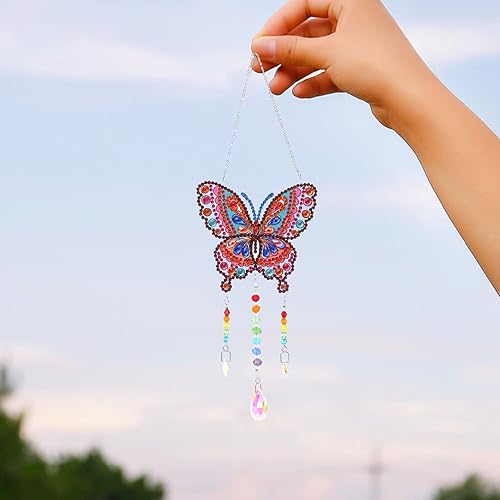 Miniatura 5 de Campanillas de viento de animales con pintura de diamantes 5D, kit de pintura de diamante de mariposa por números, colgante con cadena para