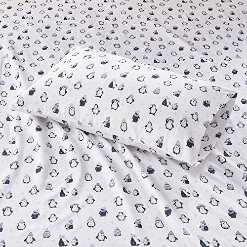 Image of Intelligent Design Cozy Soft 100% Cotton Flannel Print Animals Stars Cute Warm, Ultra Soft Cold Weather Sheet Set Bedding, Twin, Blue Penguins 3 Piece