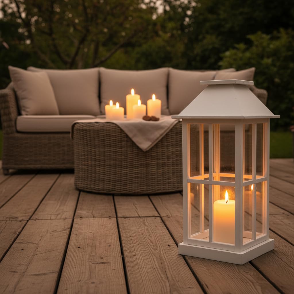WEECO Farolillo grande de madera blanca de 74 cm – Elegante lámpara decorativa con plexiglás para salón, balcón, terraza y jardín