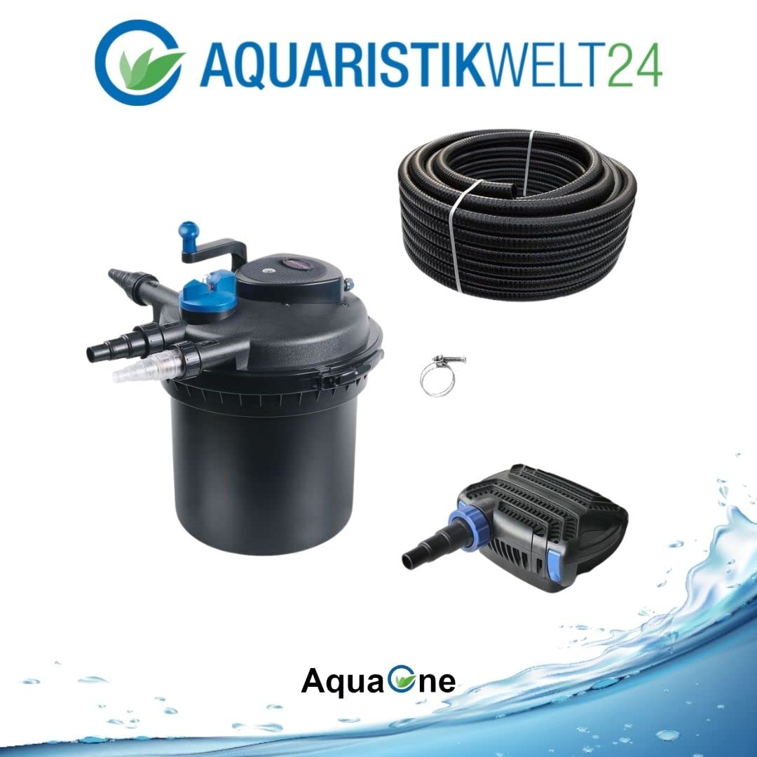 AquaOne Set di filtri per laghetto con pompa per laghetto, impianto di filtraggio CPF-5000 per laghetto fino a 8.000 litri, set completo con lampada UV Eco Pumpe10 Watt, tubo per laghetto n. 19