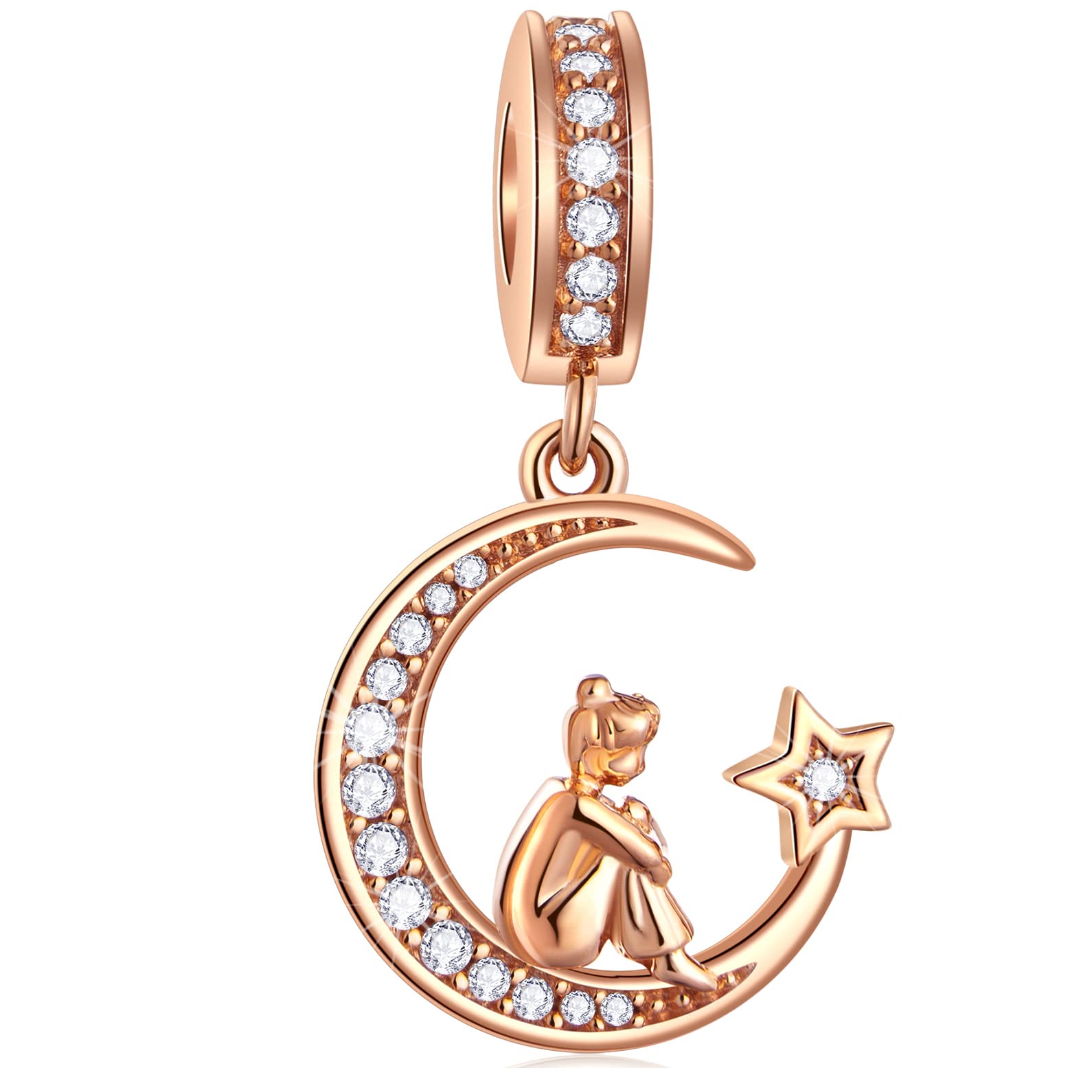 GLOWDASOro rosa San Valentin Charms, Te amo charm, luna arcoiris flores, esposa, corona, niña, cuentas de nudo Trinidad en plata de ley 925, apto pulsera de mujer europea, regalos para familia/Amante/Amigos