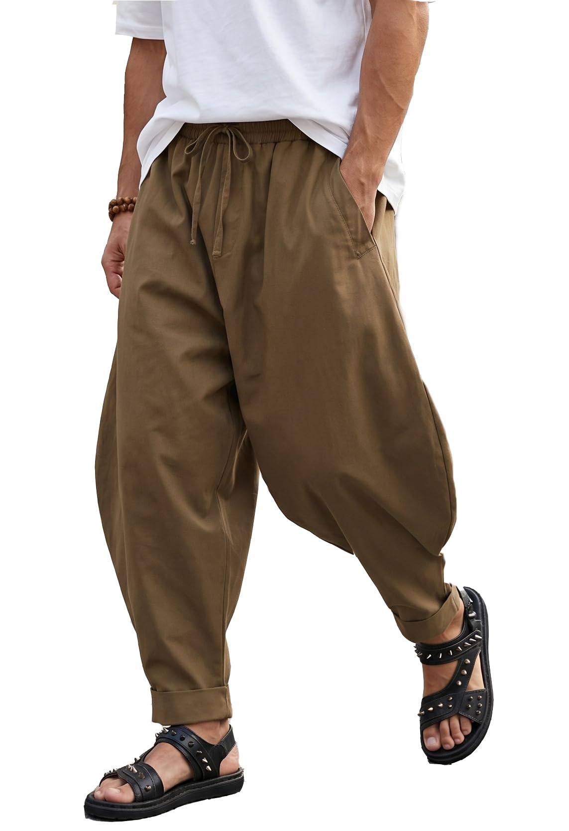 PACEIADTA Mens Casual Harem Pants Baggy Aladdin Hippie Elastic Waist Drop Crotch Trousers