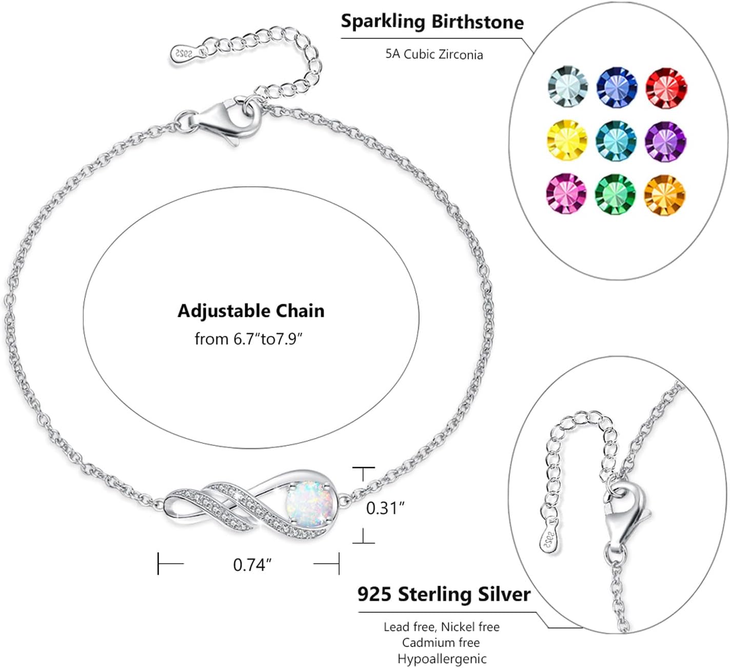 Birthstone Bracelets for Women 925 Sterling Silver Created Gemstone Bracelet Infinity Pendant Jewelry for Her, 6.7"+1.2" - Image 5