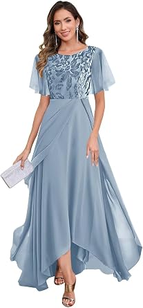Mother of Bride Dresses Chiffon V Neck Cap Sleeve Lace Appliques Formal Wedding Guest Dress Tulle Evening Party Gowns Blue Size 2