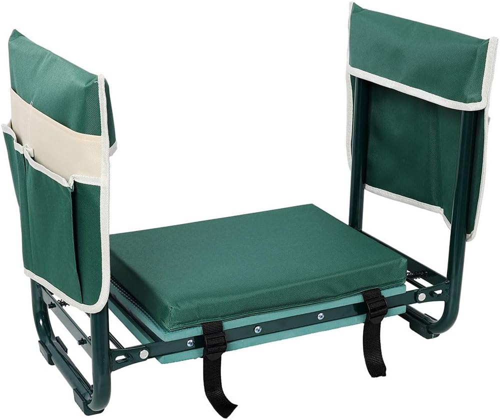 Garden Kneeler and Seat, Heavy Duty Foldable Metal Garden Bench with 10" Wide Seat, 330 lbs Capacity, No-Assembly Design, Removable Tool Bag Set, Portable Gardening Stool – Green