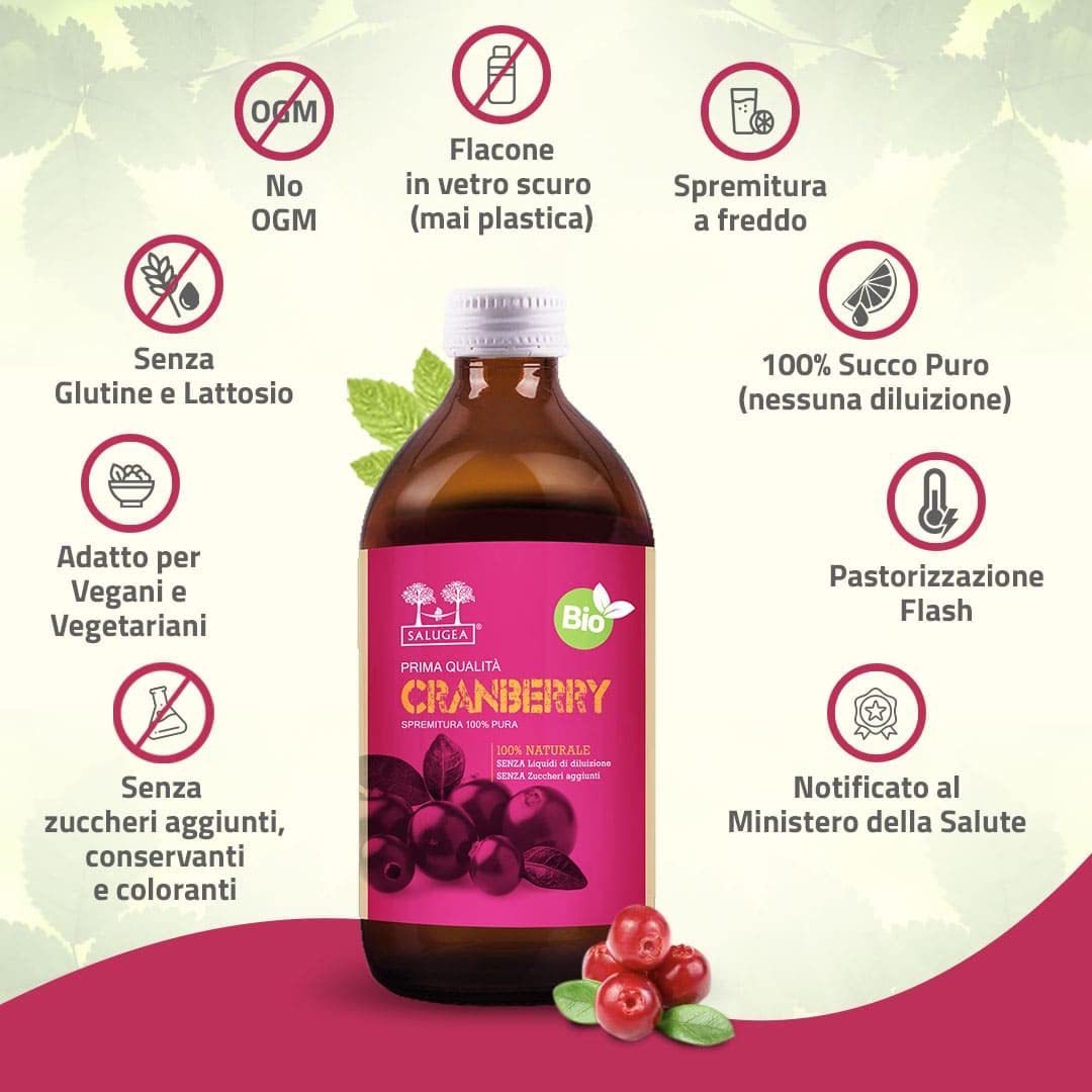 SUCCO DI CRANBERRY BIO Salugea - Mirtillo Rosso Americano - 100% Puro E Biologico - Integratore per le Vie Urinarie e Sistema Immunitario - Flacone in Vetro Scuro Farmaceutico - 500 ml