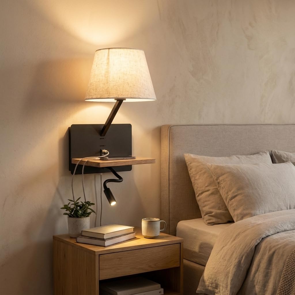 BARCELONA LED Applique da parete “Artin USB+USBC” con paralume E27, faretto LED orientabile 3W, mensola in legno e design moderno per camera da letto, testiera e hotel, Nero