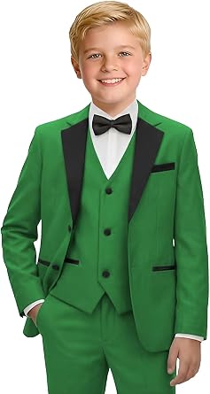 Boys Suit Kids Formal Peak Lapel Tuxedo Suits 4pcs Wedding Ring Bearer Outfit for Teens Slim Fit Blazer Vest Pants Set
