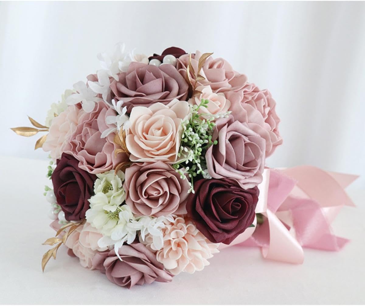MOJUN Bridal Bouquets for Wedding, Bean Paste Burgundy Roses Bridal Bouquets for Bride Bridesmaid Artificial Flower Bouquet for Wedding Anniversary Bridal Shower Party Home Decoration, C