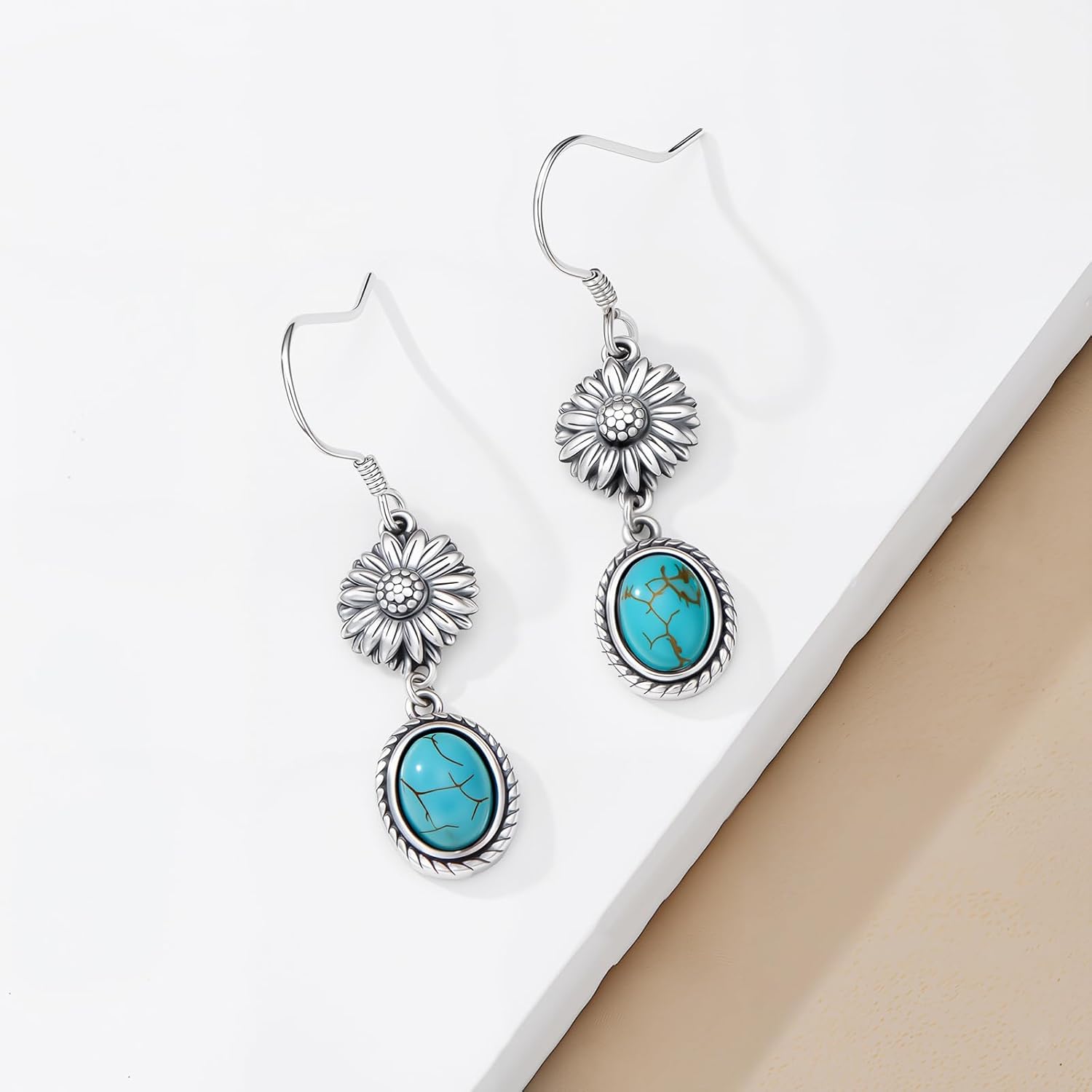 Natural Turquoise Sunflower Earrings 925 Sterling Silver Hook Western Earrings for Women You are my Sunshine Vintage Boho Jewelry Gifts for Her - Image 2