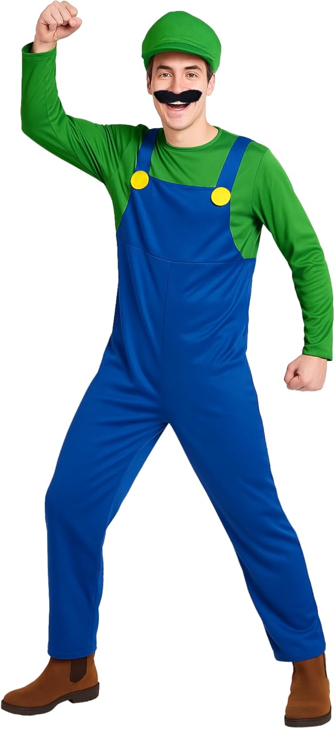 Morph Mens Plumber Costume, Green Plumber Brother Costume Mens, Funny Costumes for Men