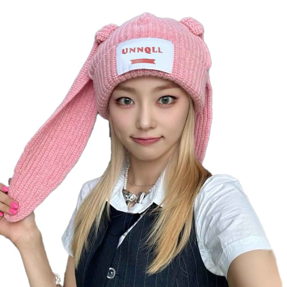 Cute Hats Crochet Knitted Beanie Warm Snow Ski Bunny Long Ears Caps Cosplay Party Girls Women Y2k Halloween Costumes(Pink Bunny)