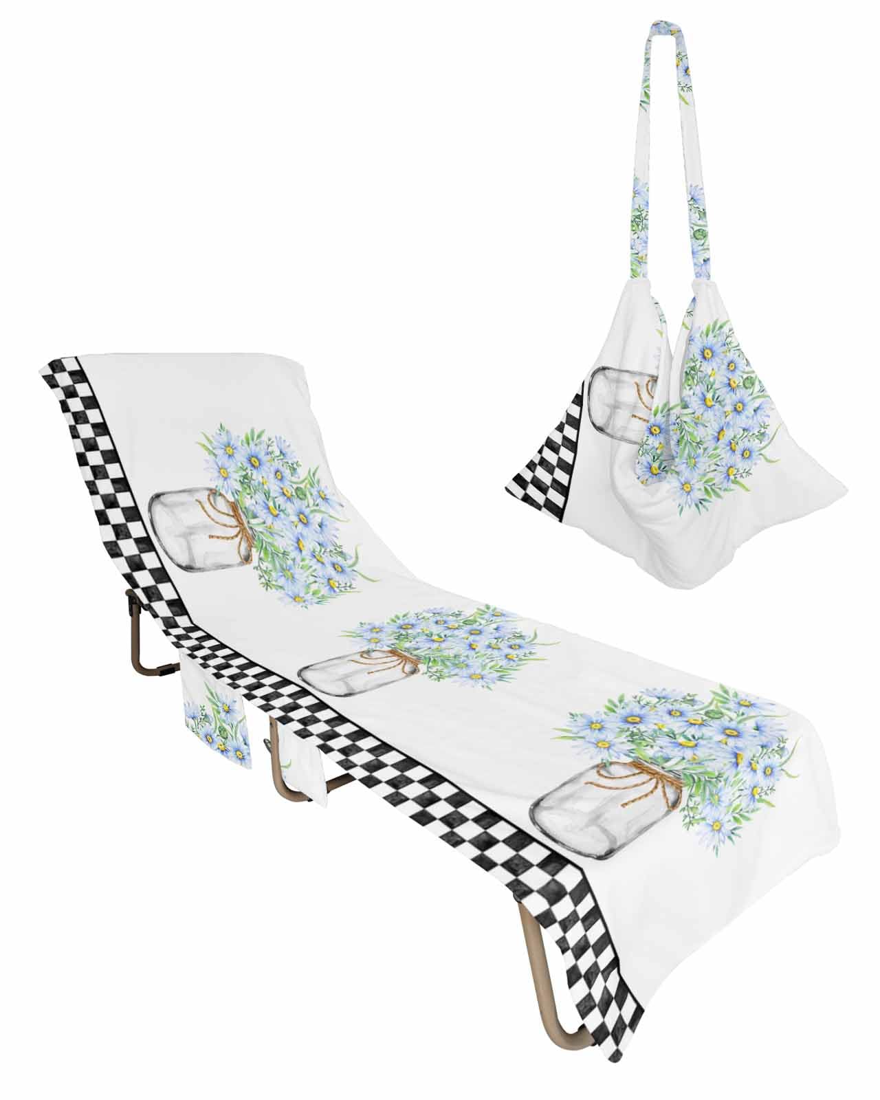 Blue Daisy Floral, Beach Lounge Chair Towel Cover, Soft Chaise Lounge Towel with Side Pockets Patio Pool Chairs Cover for Beach/Pool Sunbathing 29x85 White Black Checkered Spring Floral Summer