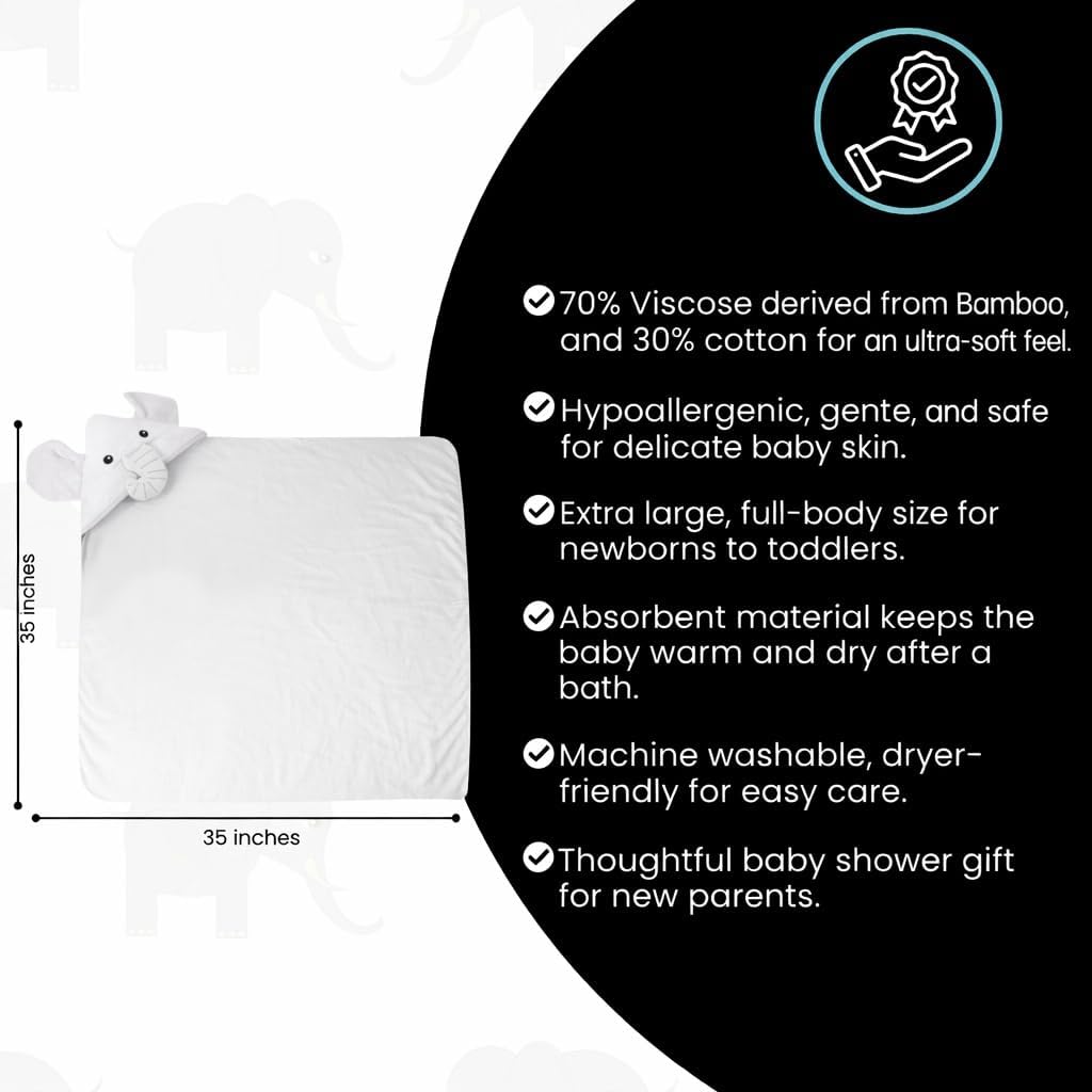 Premium Baby Towel for Bath with Hood, Extra Soft, Silky Smooth Fabric, Made from Viscose derived from bamboo and cotton Extra Large Absorbent, Hypoallergenic, Machine Washable, Elephant