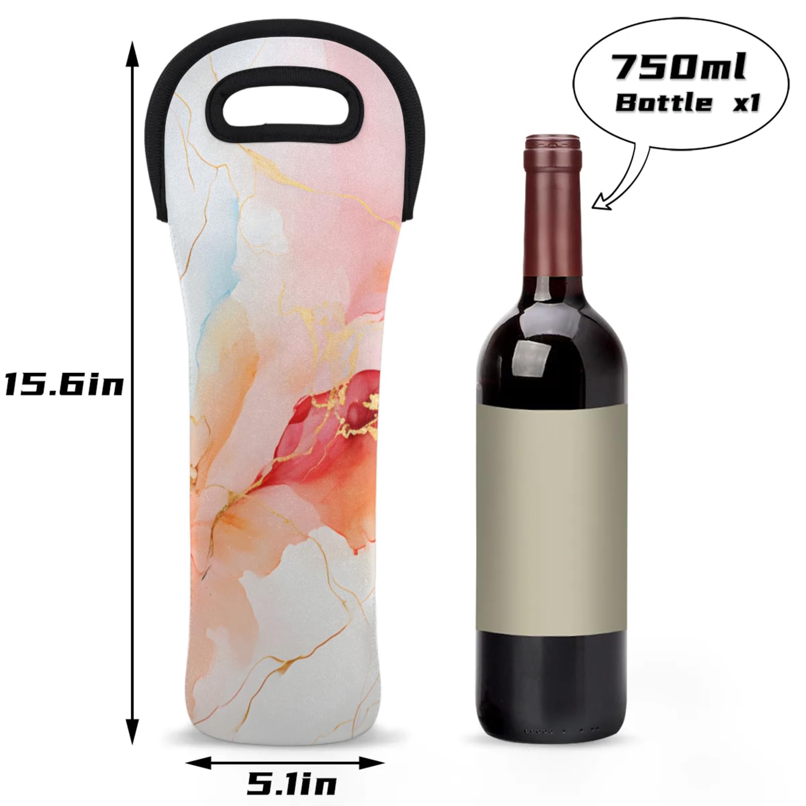 Neoprene Wine Tote Carrier Bag for Wine,Water, Champagne, Beer, Baby Bottles 15.6 x 5.1 Inches, Protective Wine Bag,Abstract Marbling Design