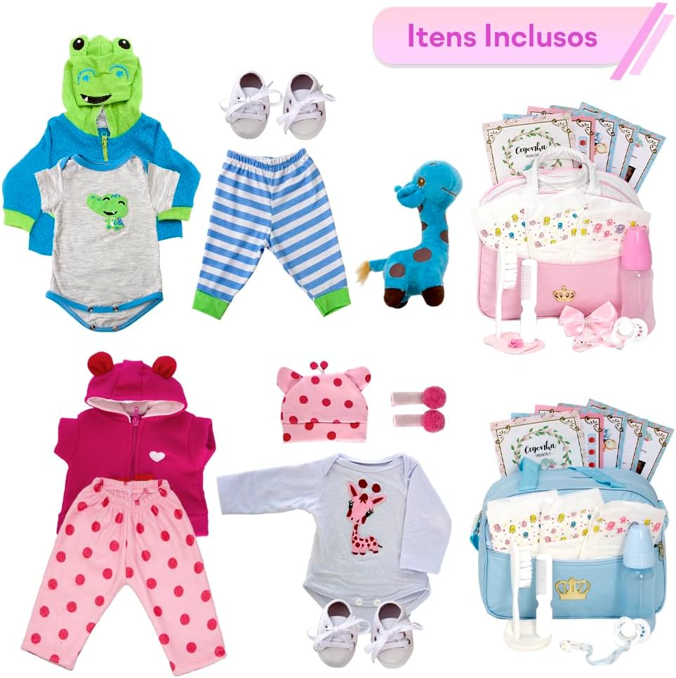 Imagem frontal com fundo branco destacando itens coloridos.