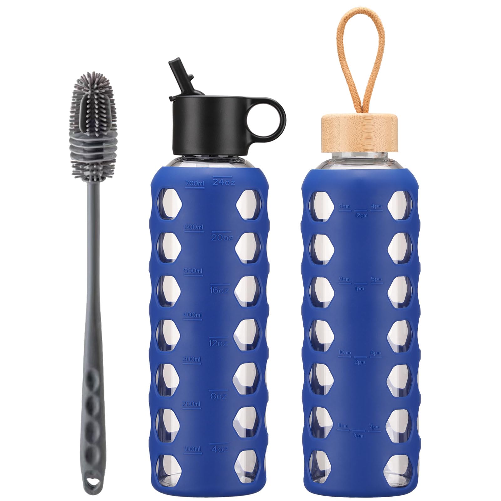 BLUEGO Borracce in vetro, 700ml Bicchiere in vetro, Bottiglie per bere con 2 coperchi, Bottiglia per l'acqua sportiva con custodia in silicone, A prova di perdite, Blu