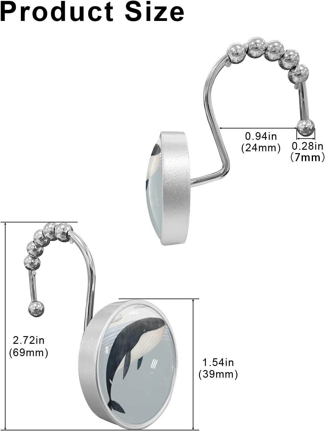 Cartoon Shower Curtain Hooks, Sea Waves Blue Whale Clouds 12PCS Shower Curtain Hooks Rings for Bathroom Stainless Steel Rust Resistant Shower Curtain Hangers