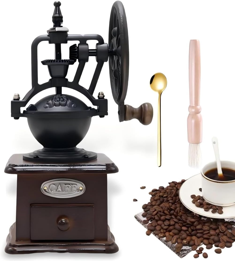 Wooden Manual Coffee Grinder Vintage Style Hand Coffee Mill Burr Coffee Grinder with Ceramic Hand Crank,Wooden Manual Coffee Grinder Cleaning Brush(Brown Ferris wheel style）