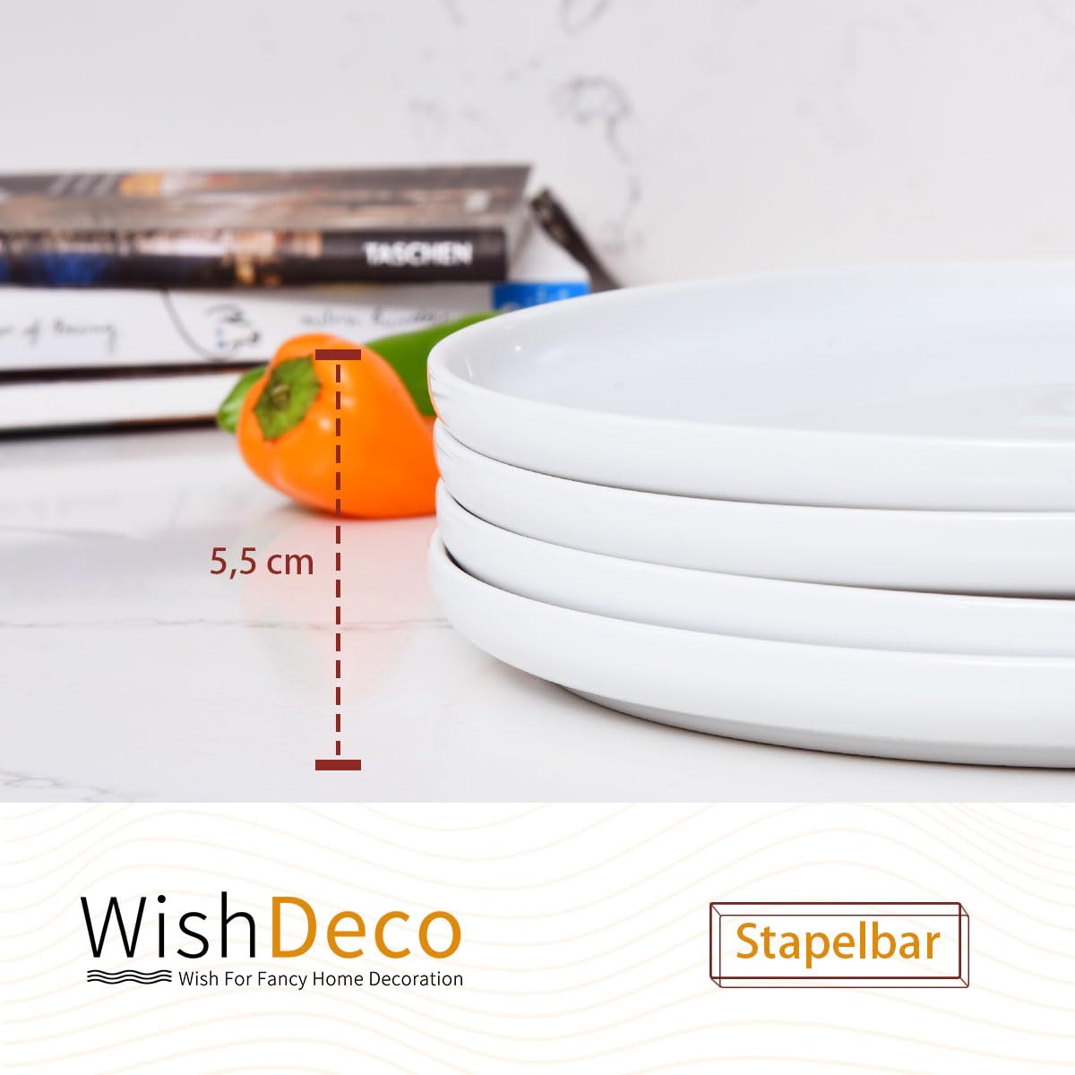 WishDeco Set di 4 Piatti Piani, Piatti Pizza Ceramica 27 cm, Piatto Moderni Bianchi, Piatto da Portata Grande, Servizio Plate Rotondi per Insalata, Pasta, Bistecca, Panino