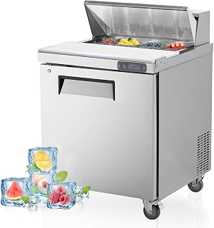 27" Commercial Refrigerator Sandwich Salad Table for Food, Efficient Cooling, Stainless Steel with Cutting Board and Storage Pans